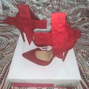 Red Suede Pump with Bow Ankle Strap